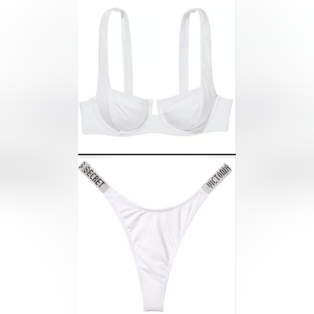 32C/S VS Swim Full Coverage Bikini Top Shine Strap Thong Bikini Set White